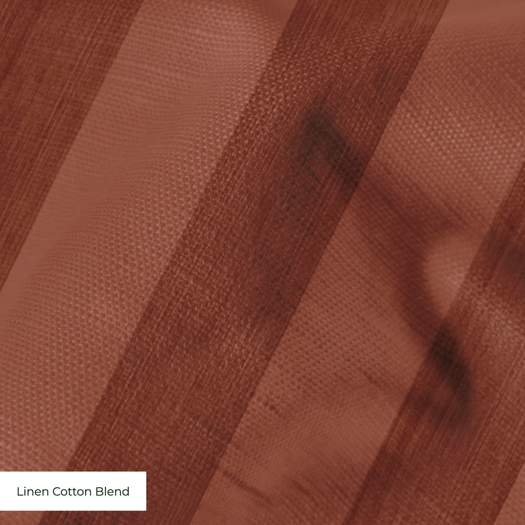 Warm brown 19th century equal-width stripe, darker bands striated: linen cotton blend swatch close-up.