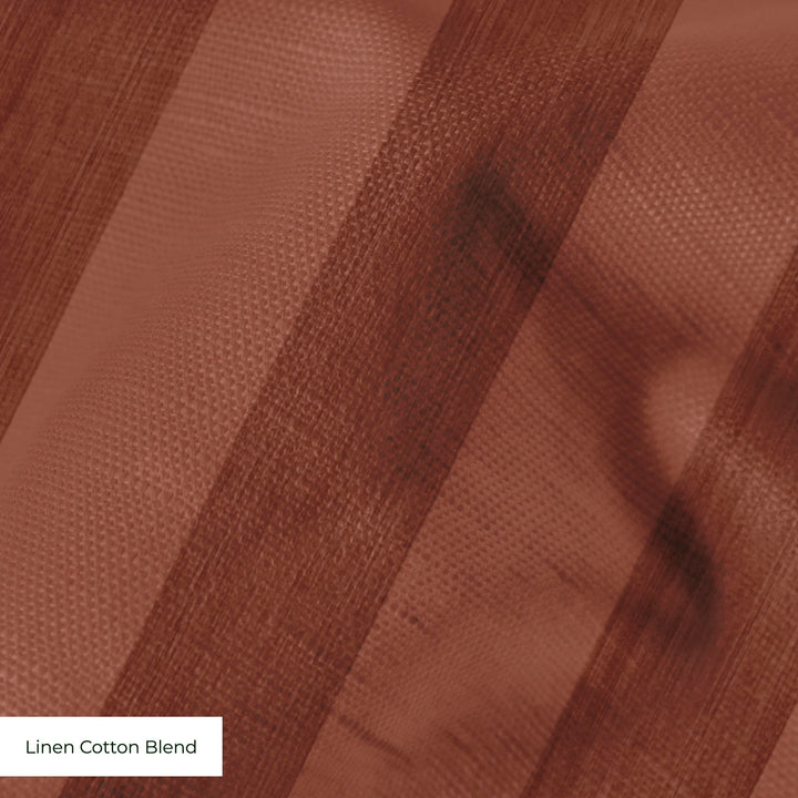 Warm brown 19th century equal-width stripe, darker bands striated: linen cotton blend swatch close-up.