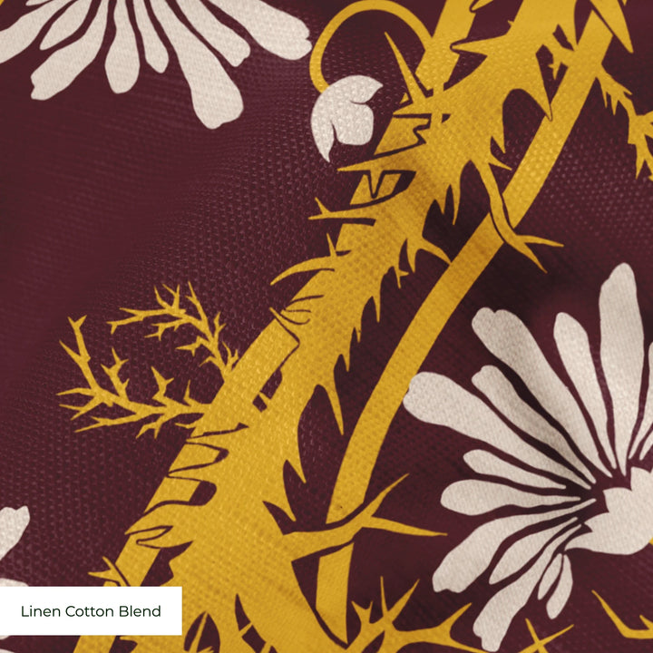 Marguerite in blackcurrant and marigold: spined, entwined stems forming vertical channels around massed daisy heads, translated from a c. 1904 Dutch linen damask finger towel by Cornelis van der Sluys. cohort1 linencottonblend texture