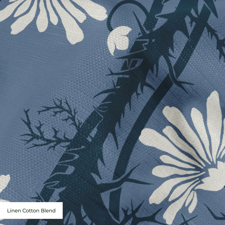 Marguerite in dusty blue and slate: spined, entwined stems forming vertical channels around massed daisy heads, translated from a c. 1904 Dutch linen damask finger towel by Cornelis van der Sluys. cohort1 linencottonblend texture
