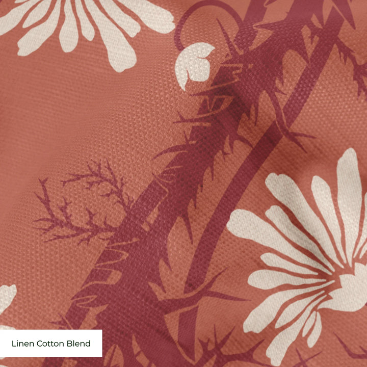 Marguerite in terracotta and pomegranate: spined, entwined stems forming vertical channels around massed daisy heads, translated from a c. 1904 Dutch linen damask finger towel by Cornelis van der Sluys. cohort1 linencottonblend texture