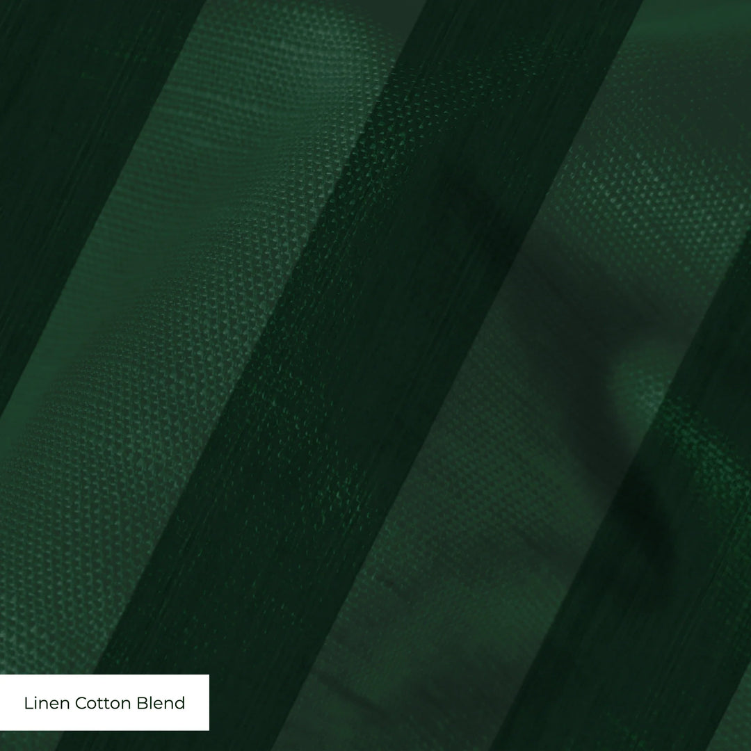 Deep green 19th century equal-width stripe, darker bands striated: linen cotton blend swatch close-up.