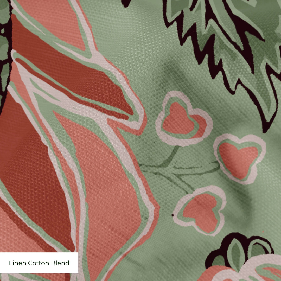 Flowering Pomegranate in eucalyptus and terracotta: an ogee lattice of lace borders framing a blossom held between two swelling pomegranates, translated from an 18th-century French block-printed quilt. cohort1 linencottonblend texture
