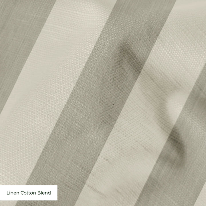 Warm greige 19th century equal-width stripe, deeper bands striated: linen cotton blend swatch close-up.