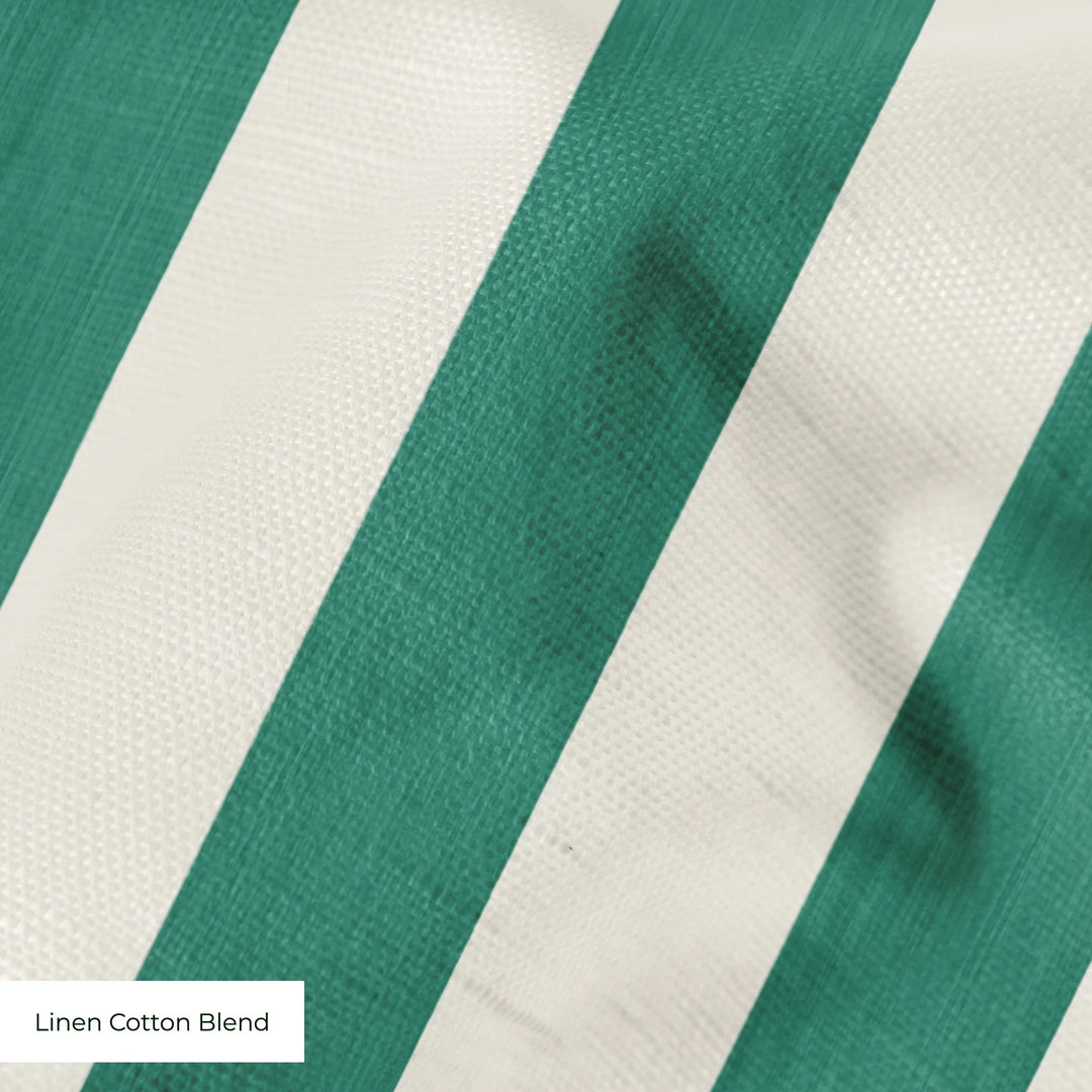 Blue-green and ivory 19th century equal-width stripe, green striated: linen cotton blend swatch close-up.