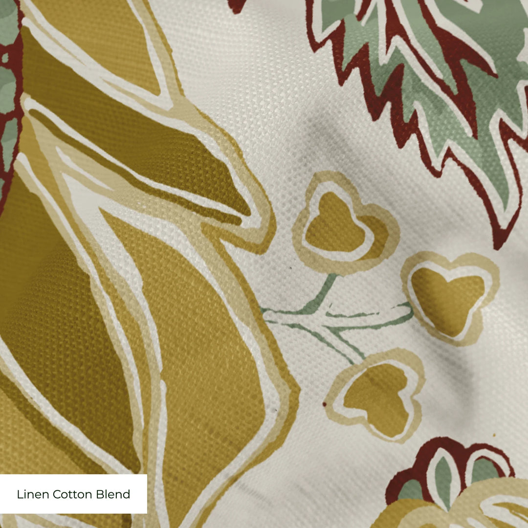 Flowering Pomegranate in linen and honey: an ogee lattice of lace borders framing a blossom held between two swelling pomegranates, translated from an 18th-century French block-printed quilt. cohort1 linencottonblend texture