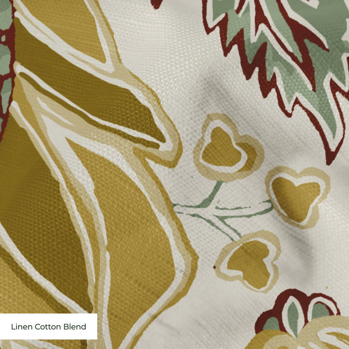 Flowering Pomegranate in linen and honey: an ogee lattice of lace borders framing a blossom held between two swelling pomegranates, translated from an 18th-century French block-printed quilt. cohort1 linencottonblend texture