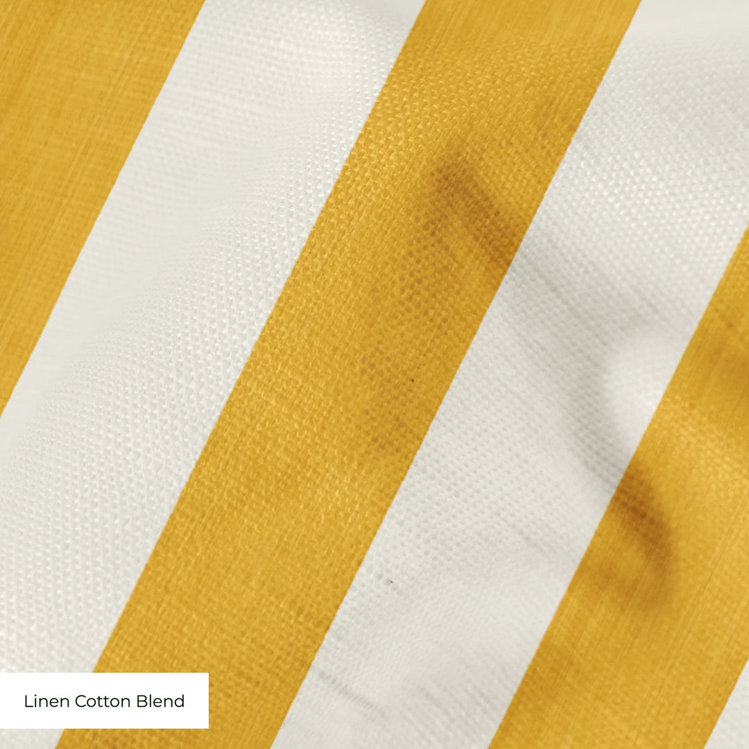 Marigold and ivory 19th century equal-width stripe, yellow striated: linen cotton blend swatch close-up.
