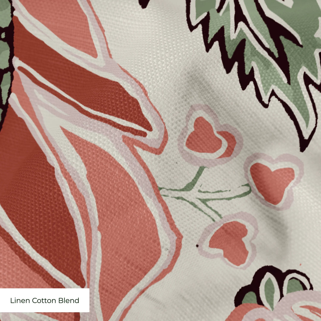 Flowering Pomegranate in linen and terracotta: an ogee lattice of lace borders framing a blossom held between two swelling pomegranates, translated from an 18th-century French block-printed quilt. cohort1 linencottonblend texture