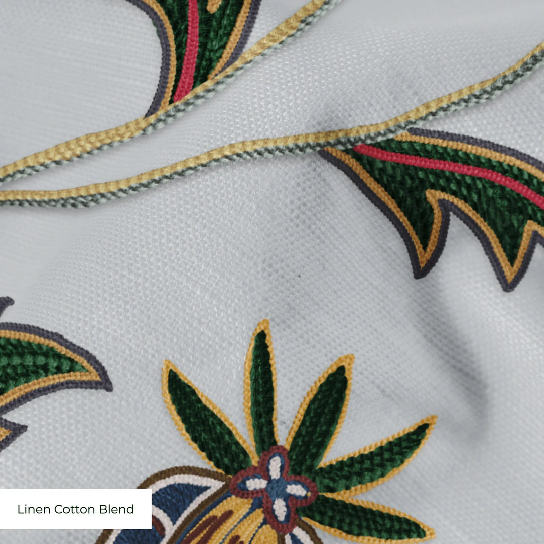 Navy floral vines on a grey ground linen cotton blend swatch close-up.