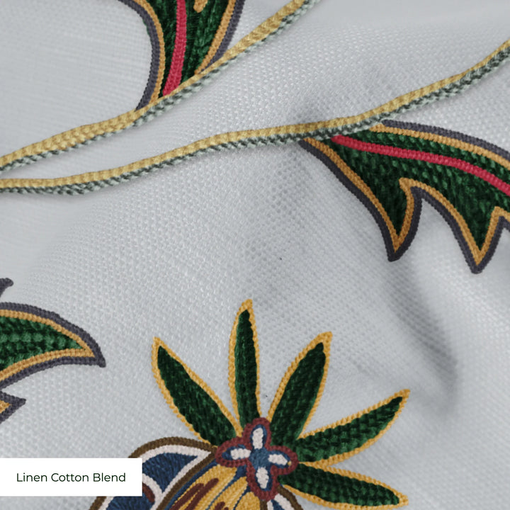 Navy floral vines on a grey ground linen cotton blend swatch close-up.