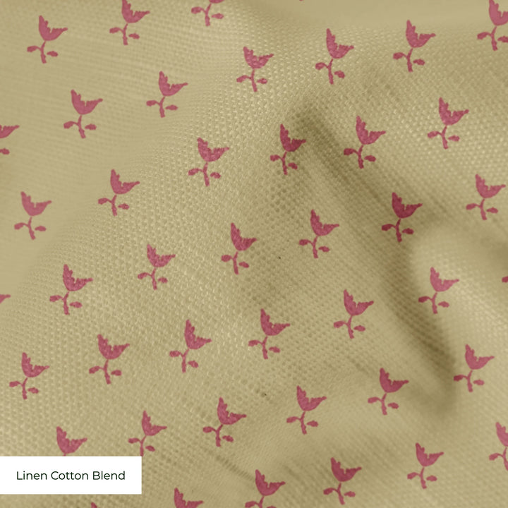 Dusty red Second Empire tulip silhouette on a warm tan ground: linen cotton blend swatch close-up.