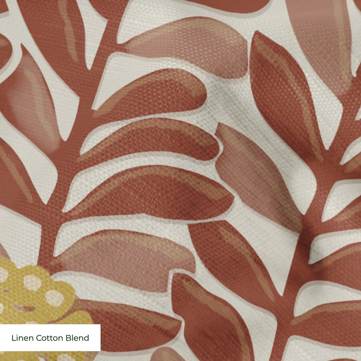 Brown 1918 leaf sprays with gold berries on a beige ground: linen cotton blend swatch close-up.