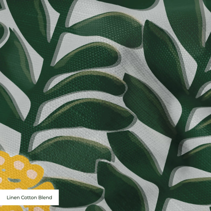 Dark green 1918 leaf sprays with yellow berries on a grey ground: linen cotton blend swatch close-up.