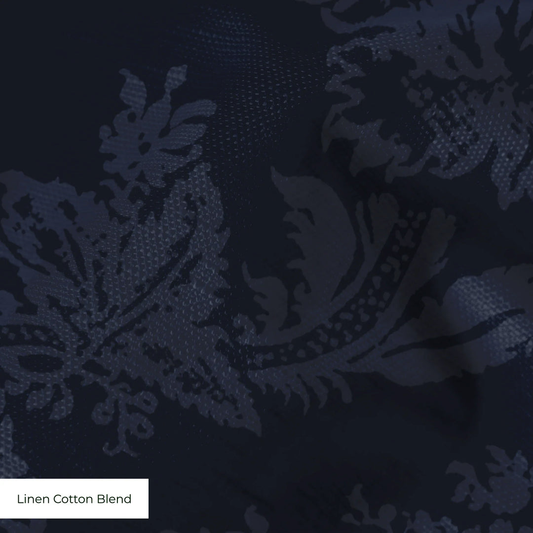 Navy early 20th century tone-on-tone brocade bouquets: linen cotton blend swatch close-up.