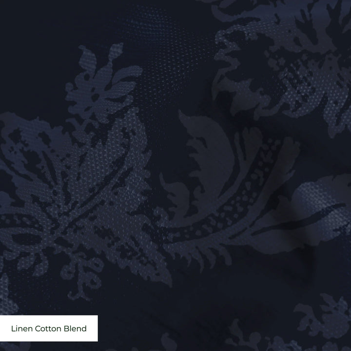 Navy early 20th century tone-on-tone brocade bouquets: linen cotton blend swatch close-up.