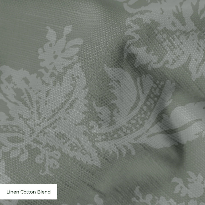 Grey-green early 20th century tone-on-tone brocade bouquets: linen cotton blend swatch close-up.