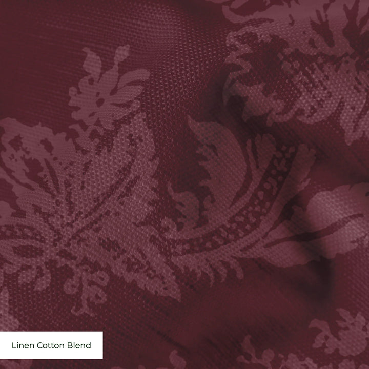 Dark purple early 20th century tone-on-tone brocade bouquets: linen cotton blend swatch close-up.