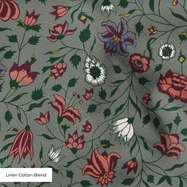 Dark purple 18th century Indian chintz vine on a grey-green ground: linen cotton blend swatch close-up.