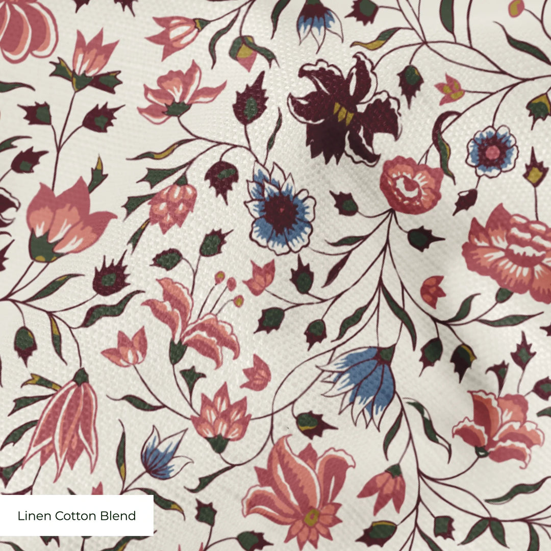 Red 18th century Indian chintz vine on a white ground: linen cotton blend swatch close-up.