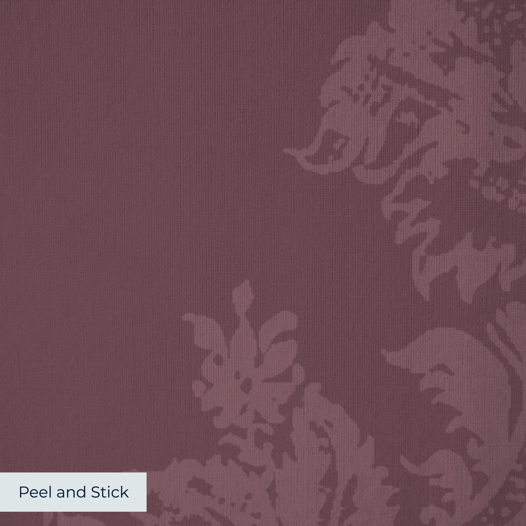 Dark purple early 20th century tone-on-tone brocade bouquets: peel-and-stick wallpaper closeup, linen-like texture