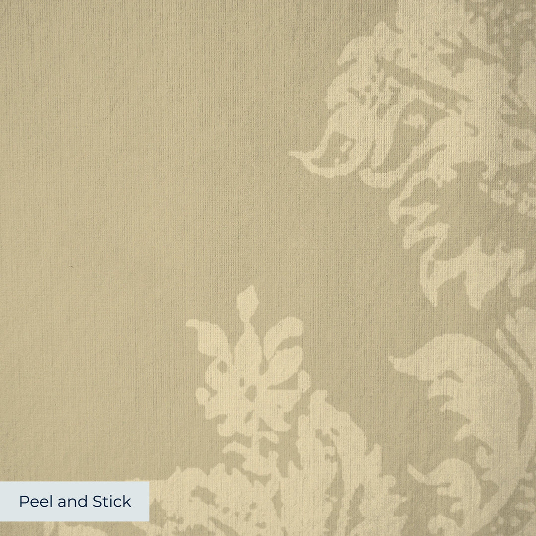 Gold early 20th century tone-on-tone brocade bouquets: peel-and-stick wallpaper closeup, linen-like texture
