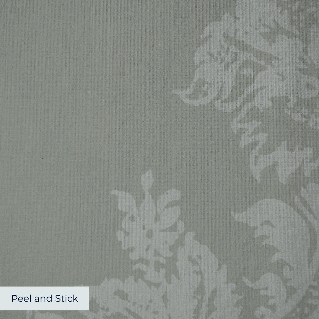 Grey-green early 20th century tone-on-tone brocade bouquets: peel-and-stick wallpaper closeup, linen-like texture