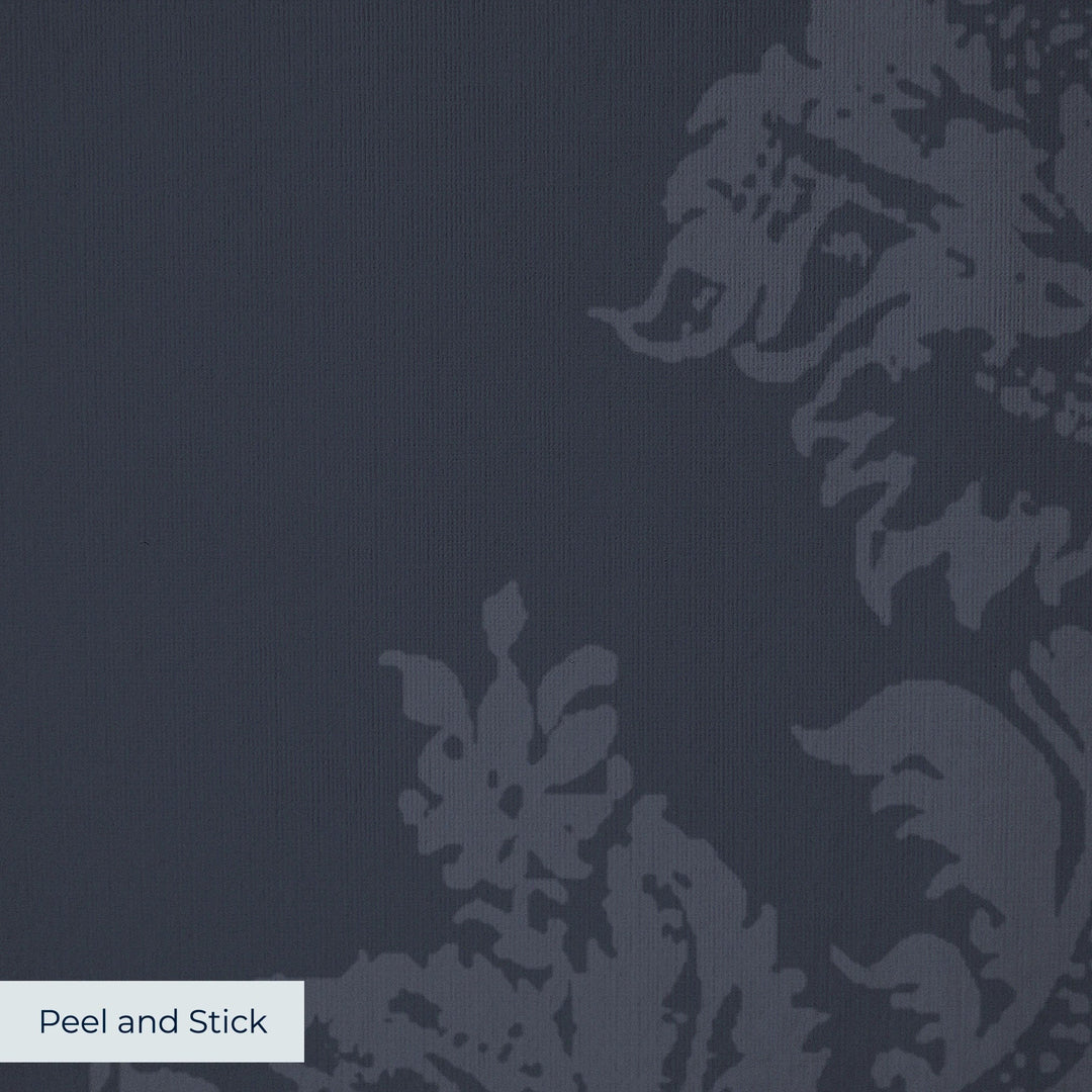 Navy early 20th century tone-on-tone brocade bouquets: peel-and-stick wallpaper closeup, linen-like texture