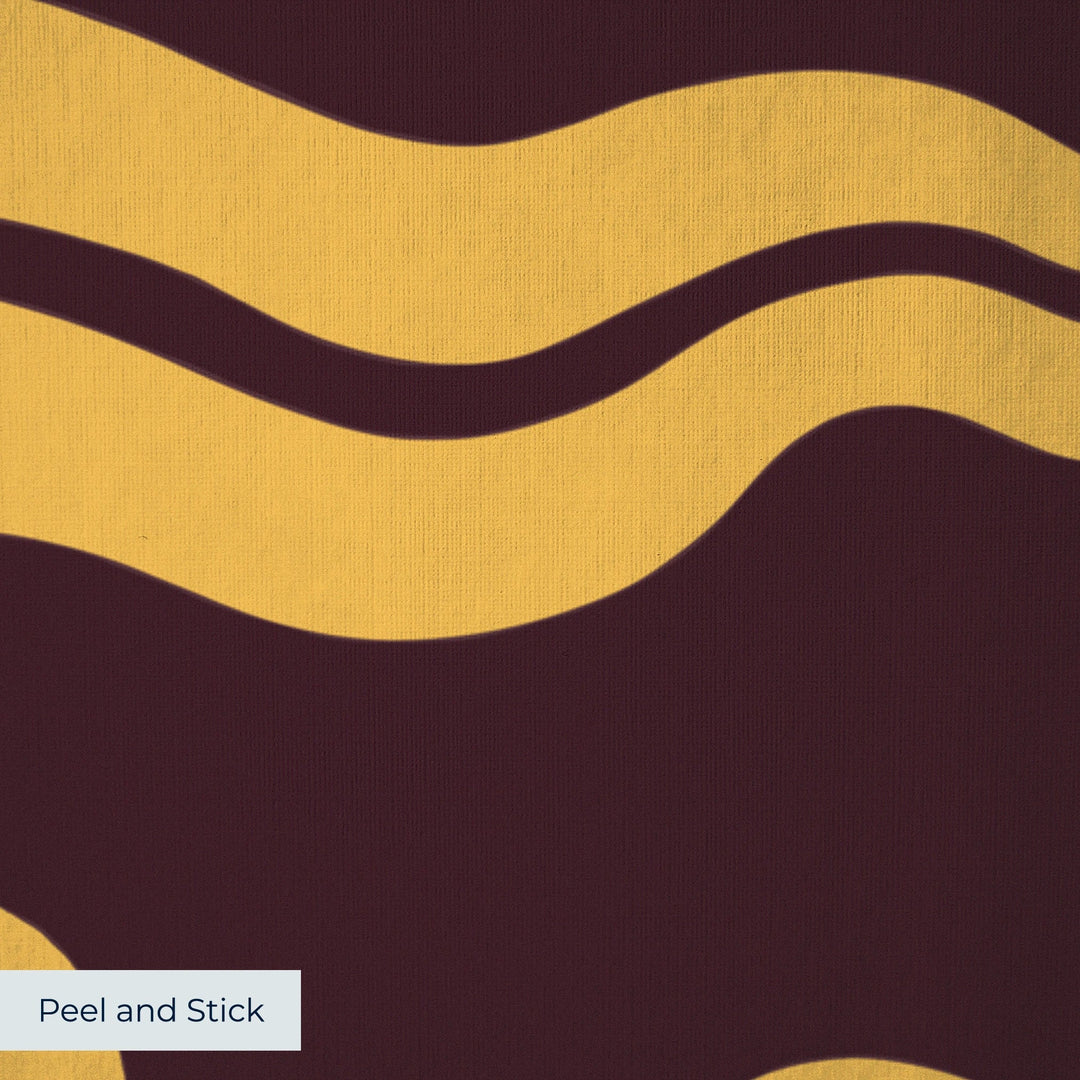 Chintamani Tiger in blackcurrant and marigold: triple-disc chintamani roundels above paired wave bands, translated from a 15th-century Bursa silk velvet at The Metropolitan Museum of Art. peel-and-stick wallpaper closeup, linen-like texture