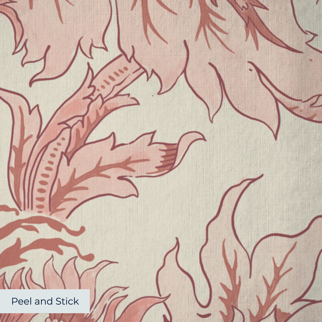 Ragged Poppy in Sandstone and Terracotta — terracotta poppy on a pale sandstone ground, large-scale block-printed floral repeat peel-and-stick wallpaper closeup, linen-like texture