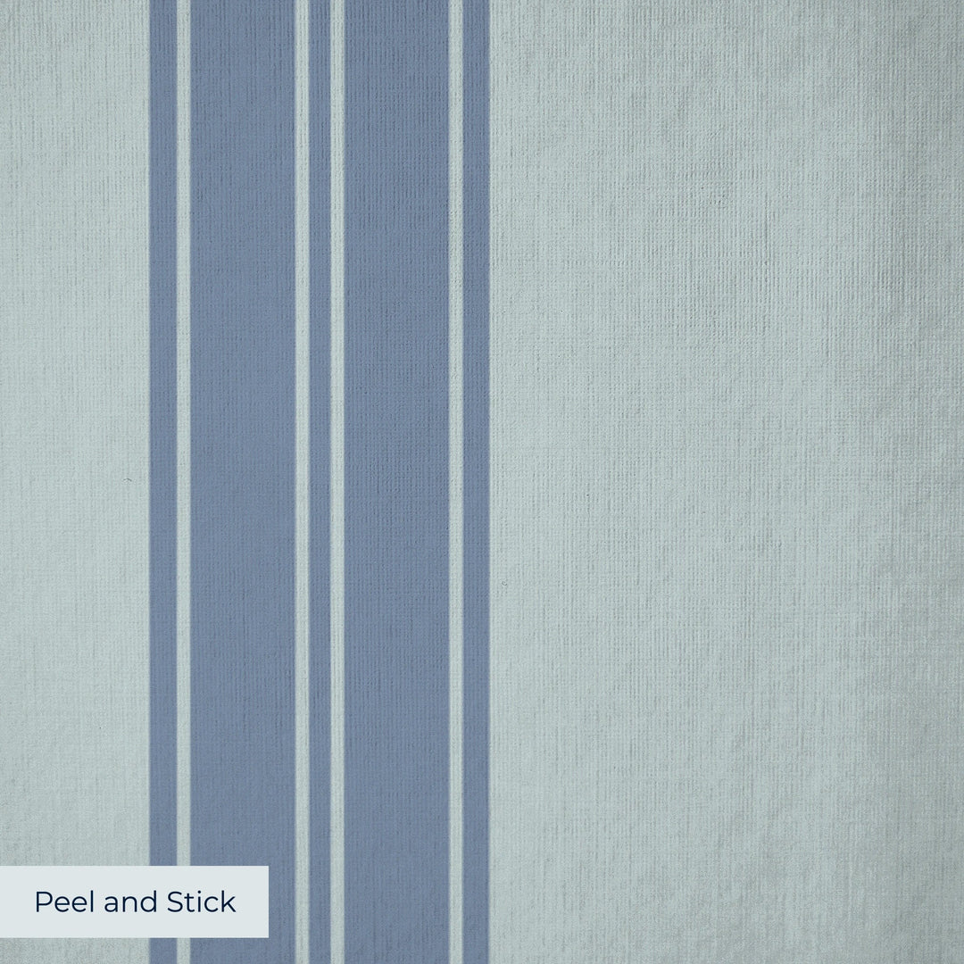 Muted blue 19th century double-band stripe on a pale grey ground: peel-and-stick wallpaper closeup, linen-like texture