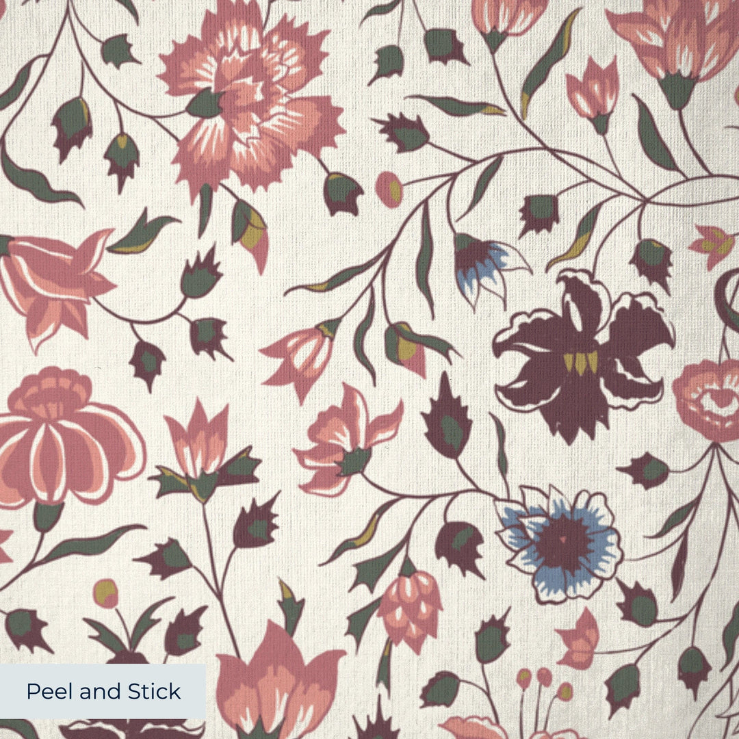 Red 18th century Indian chintz vine on a white ground: peel-and-stick wallpaper closeup, linen-like texture