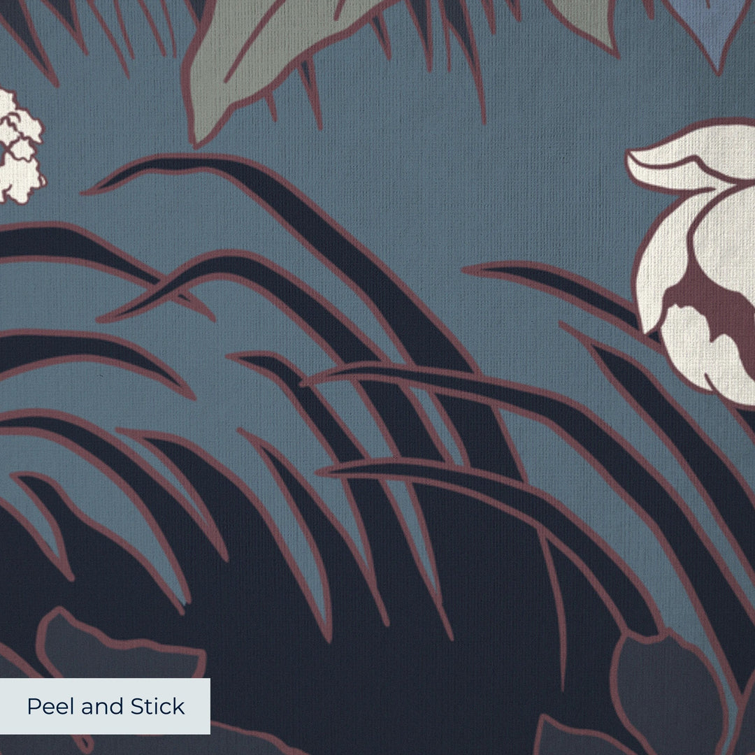 White 1890s Art Nouveau blooms and grasses on a navy ground: peel-and-stick wallpaper closeup, linen-like texture