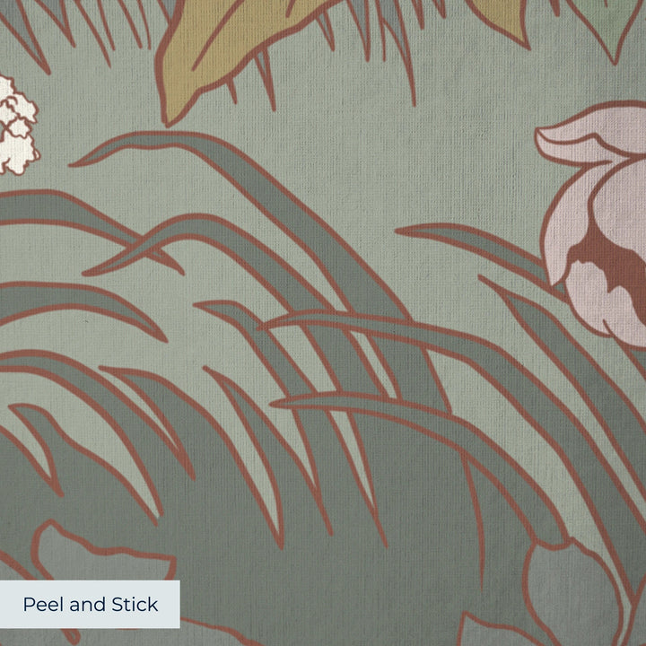 White 1890s Art Nouveau blooms and grasses on a grey-green ground: peel-and-stick wallpaper closeup, linen-like texture