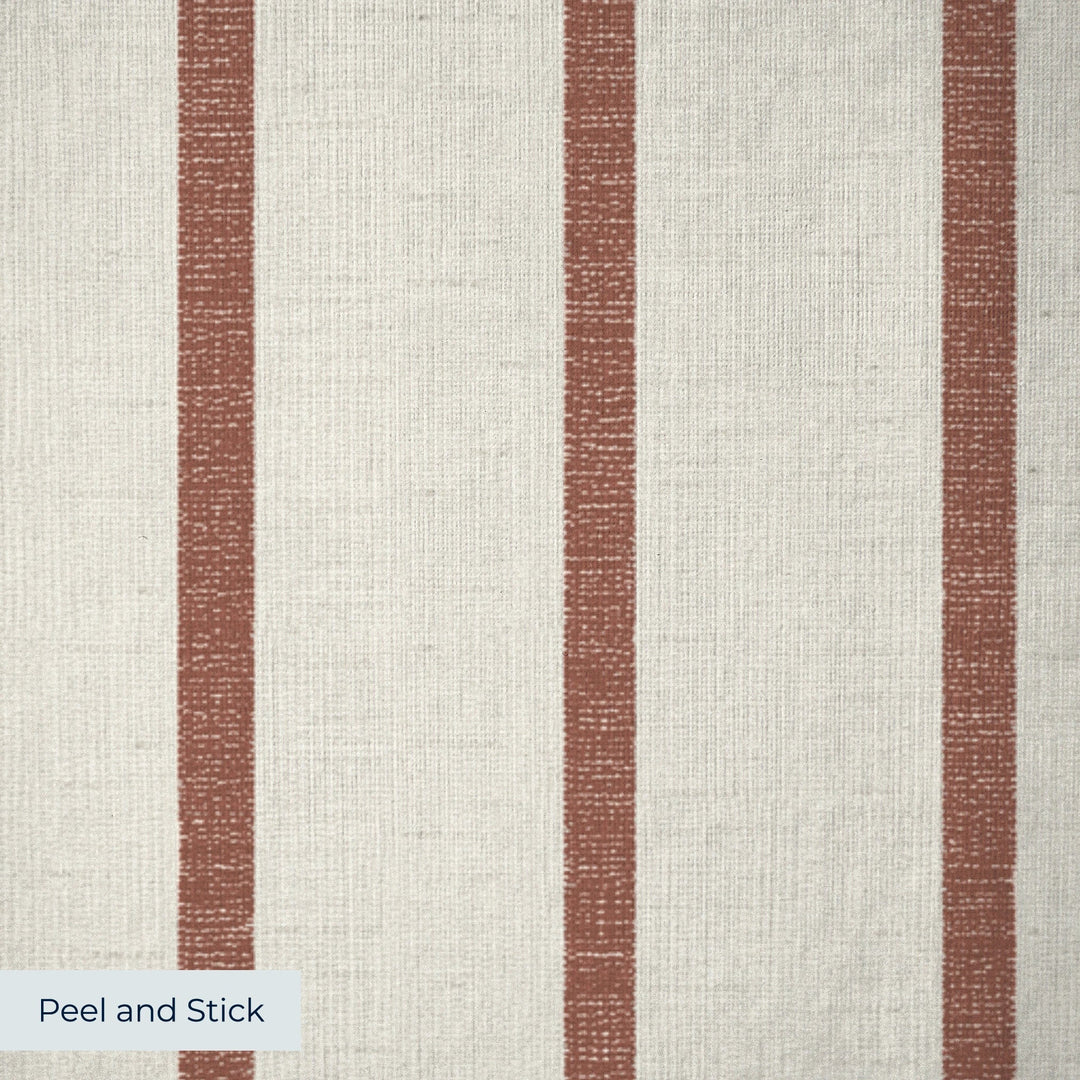 Brown woven-texture pencil stripe on a beige ground: peel-and-stick wallpaper closeup, linen-like texture