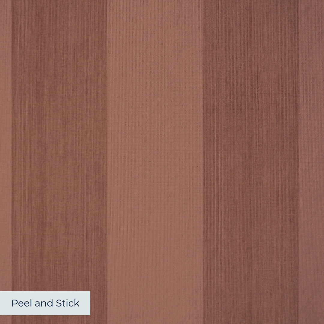 Warm brown 19th century equal-width stripe, darker bands striated: peel-and-stick wallpaper closeup, linen-like texture