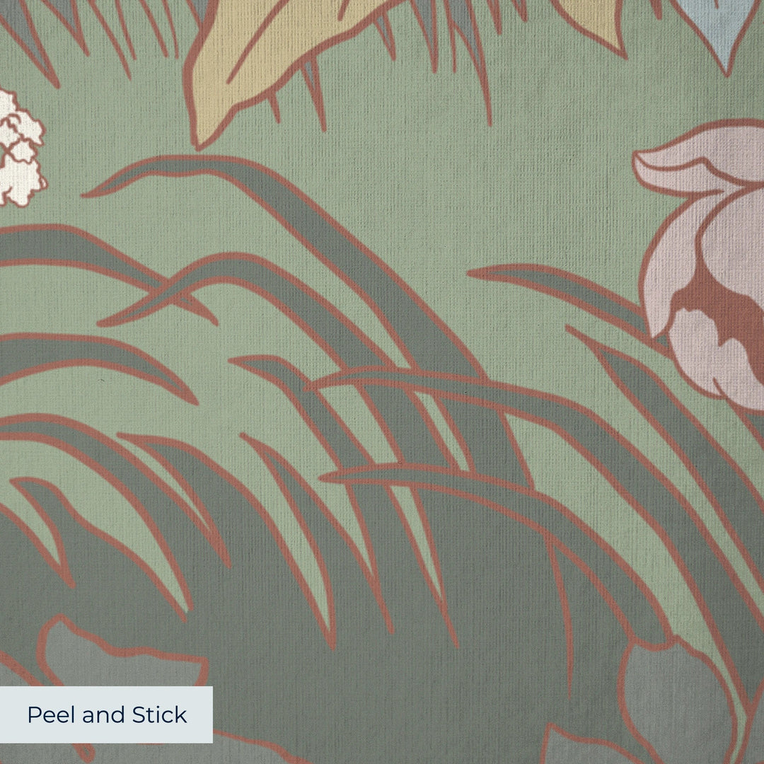 Pale grey 1890s Art Nouveau blooms and grasses on a grey-green ground: peel-and-stick wallpaper closeup, linen-like texture