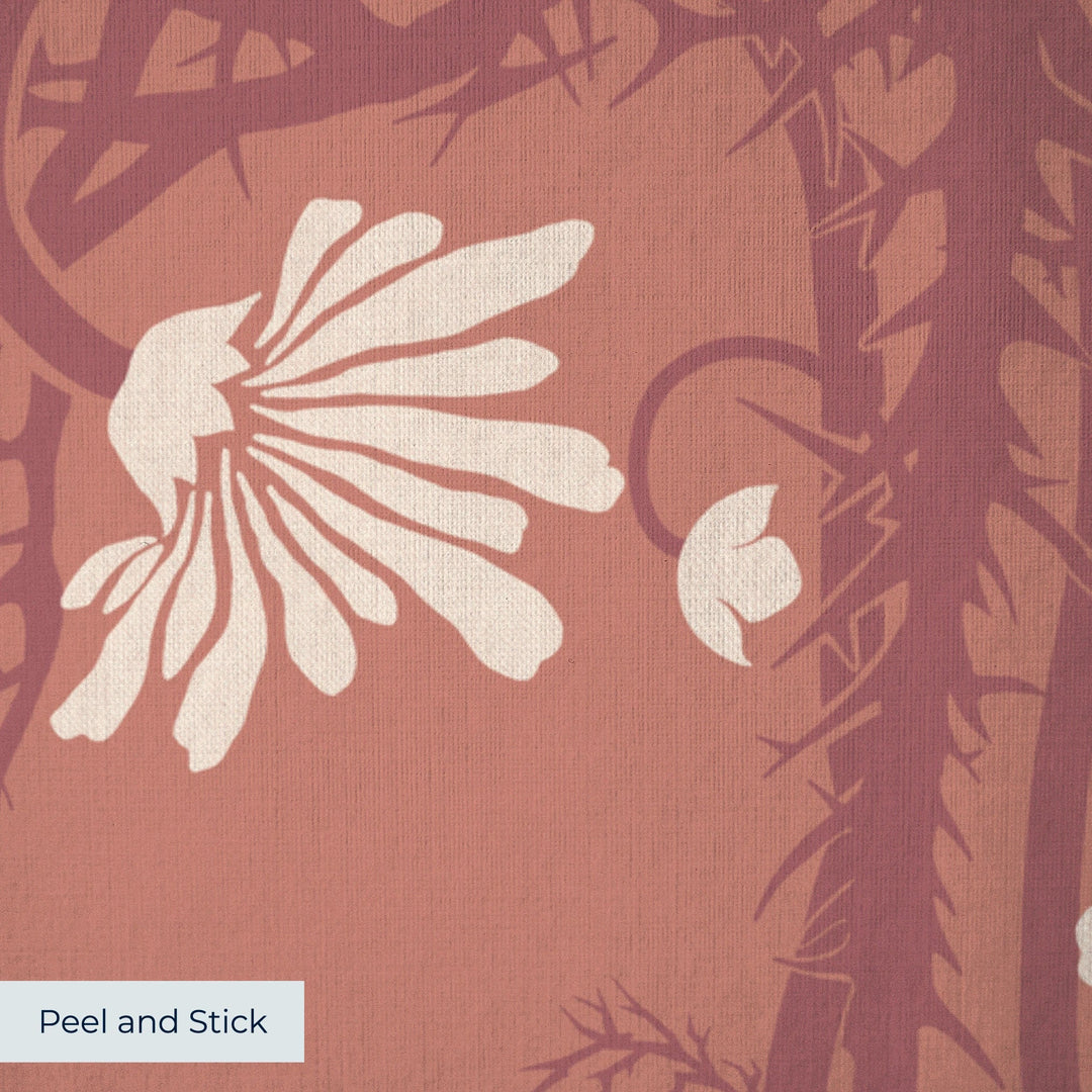 Marguerite in terracotta and pomegranate: spined, entwined stems forming vertical channels around massed daisy heads, translated from a c. 1904 Dutch linen damask finger towel by Cornelis van der Sluys. peel-and-stick wallpaper closeup, linen-like texture