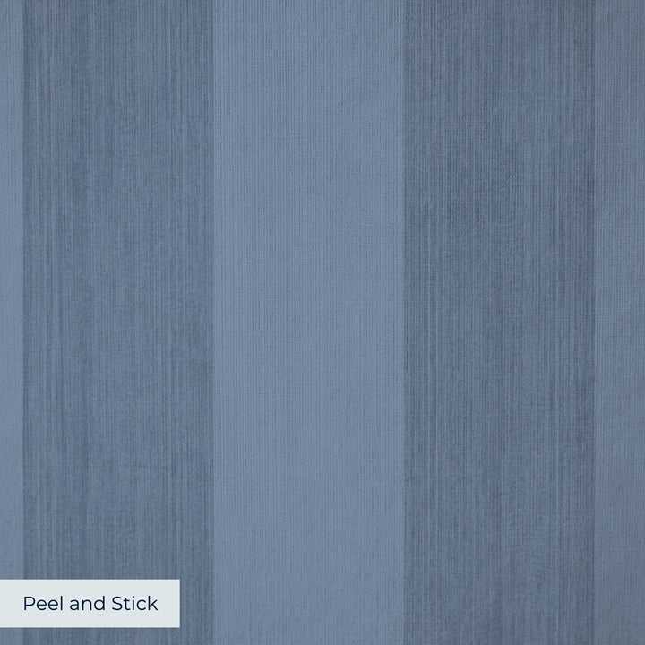 Muted blue 19th century equal-width stripe, deeper bands striated: peel-and-stick wallpaper closeup, linen-like texture
