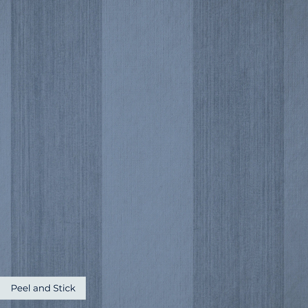 Muted blue 19th century equal-width stripe, deeper bands striated: peel-and-stick wallpaper closeup, linen-like texture