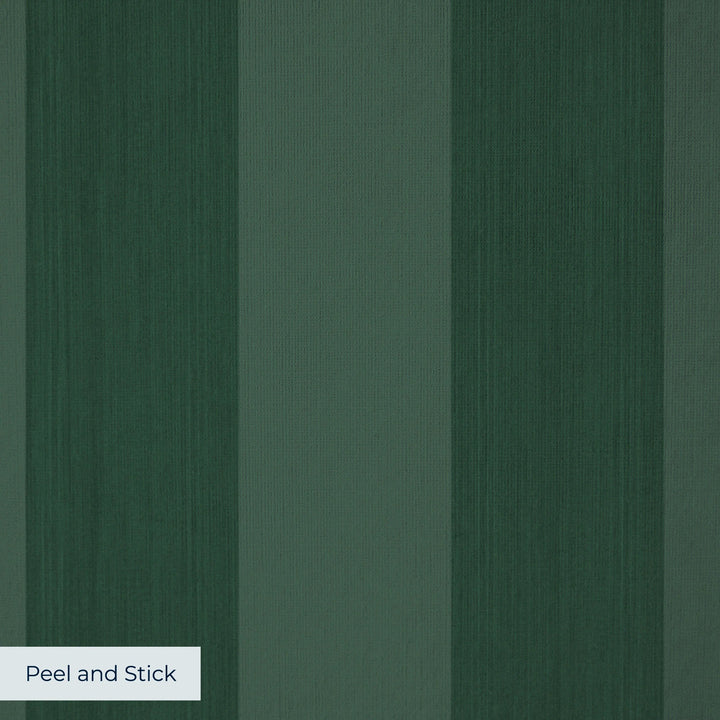 Deep green 19th century equal-width stripe, darker bands striated: peel-and-stick wallpaper closeup, linen-like texture