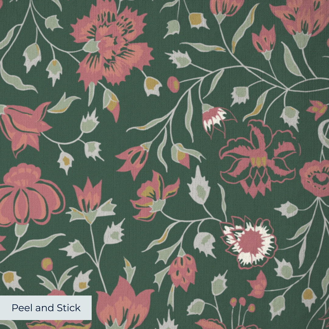 Red 18th century Indian chintz vine on a dark green ground: peel-and-stick wallpaper closeup, linen-like texture