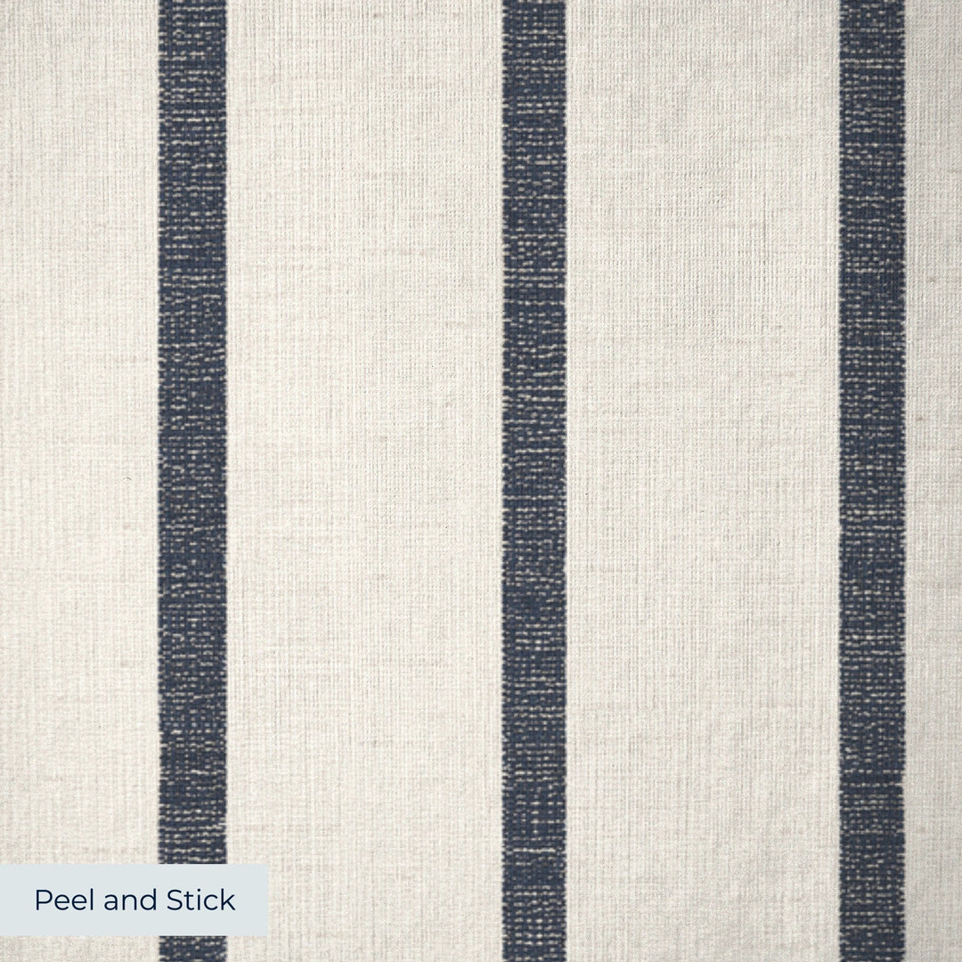 Navy woven-texture pencil stripe on a white ground: peel-and-stick wallpaper closeup, linen-like texture