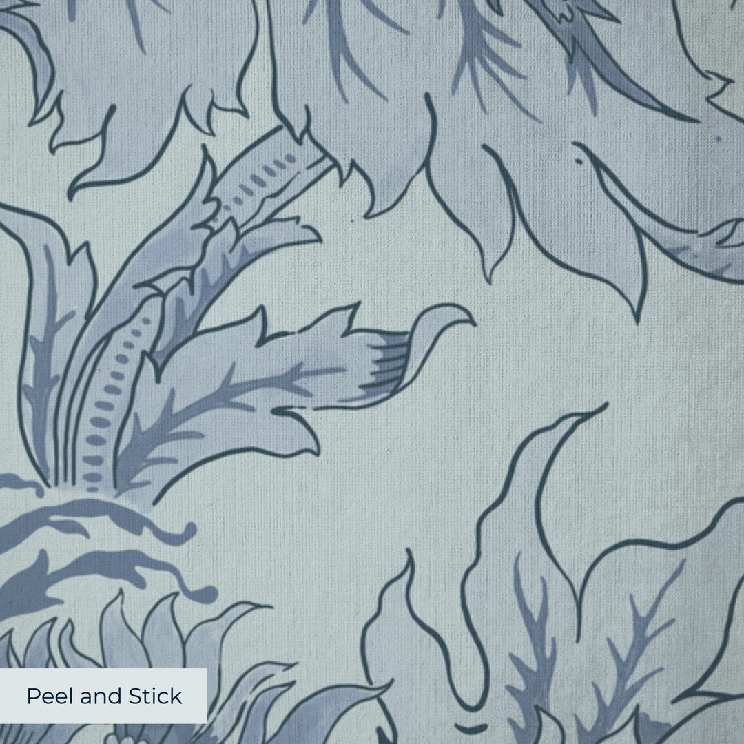 Ragged Poppy in Mist and Dusty Blue — mid-blue poppy on a soft blue-grey ground, large-scale block-printed floral repeat peel-and-stick wallpaper closeup, linen-like texture
