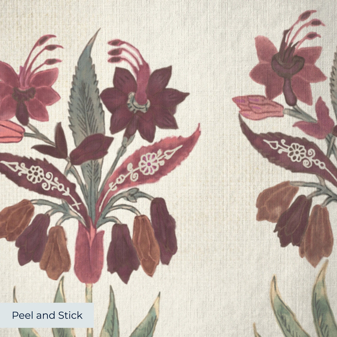 Dark purple 17th century Indian chintz sprigs on a white ground: peel-and-stick wallpaper closeup, linen-like texture