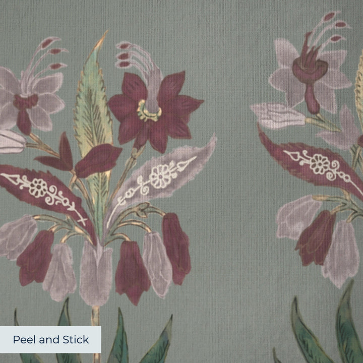 Dark purple 17th century Indian chintz sprigs on a grey-green ground: peel-and-stick wallpaper closeup, linen-like texture