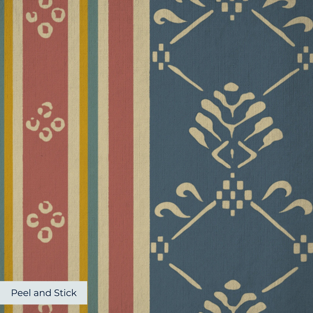 Blue-grey and red 18th century floral and lattice stripe: peel-and-stick wallpaper closeup, linen-like texture