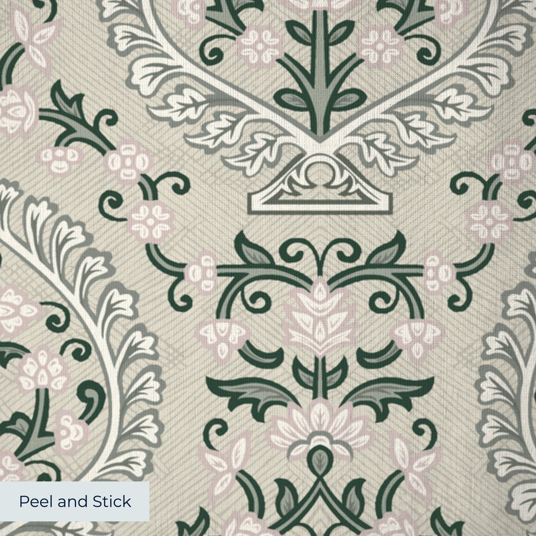 Varanasi Medallion in Sandstone and Ivory — sage-green pointed medallions enclosing flowering plants on a pale sandstone ground peel-and-stick wallpaper closeup, linen-like texture