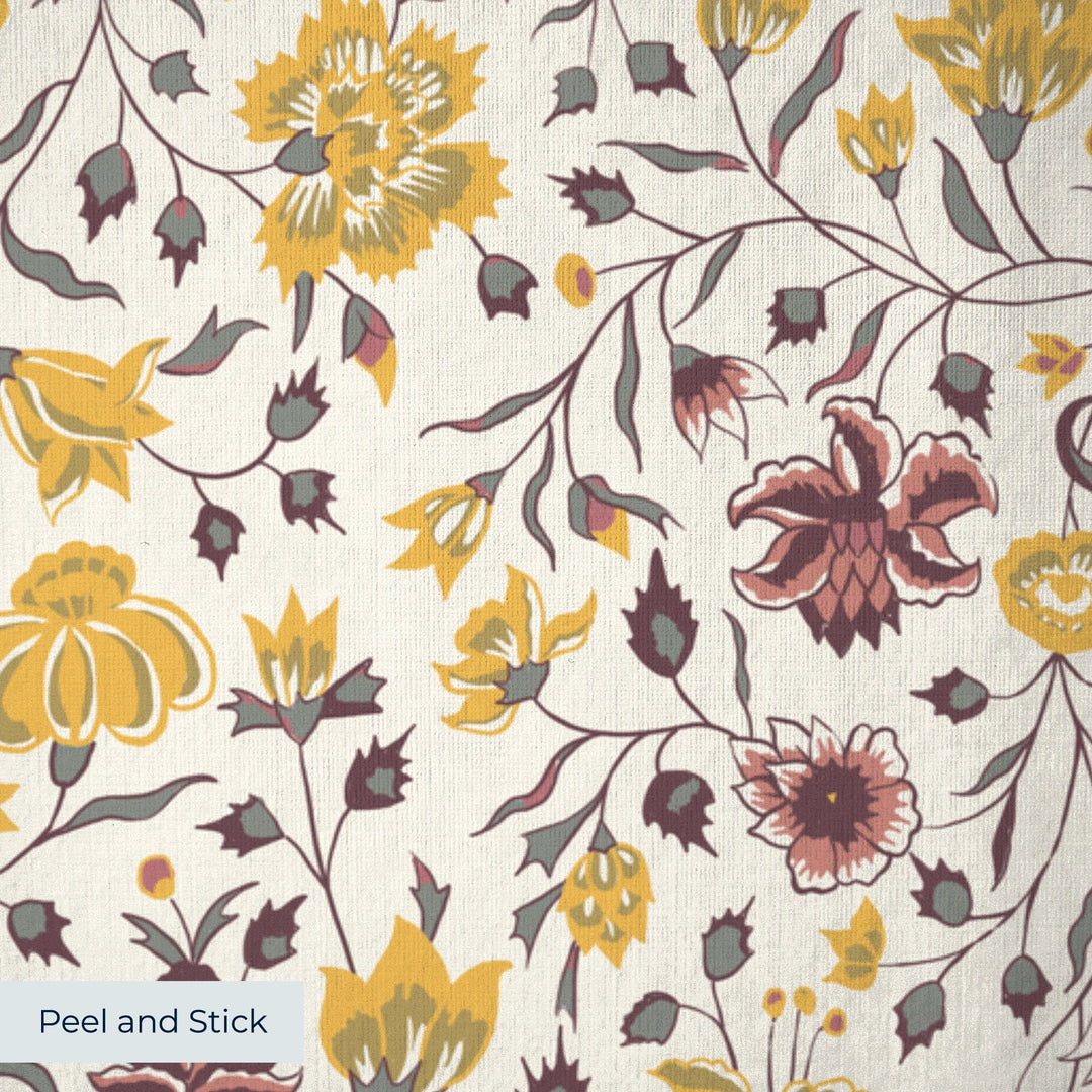 Yellow 18th century Indian chintz vine on a white ground: peel-and-stick wallpaper closeup, linen-like texture