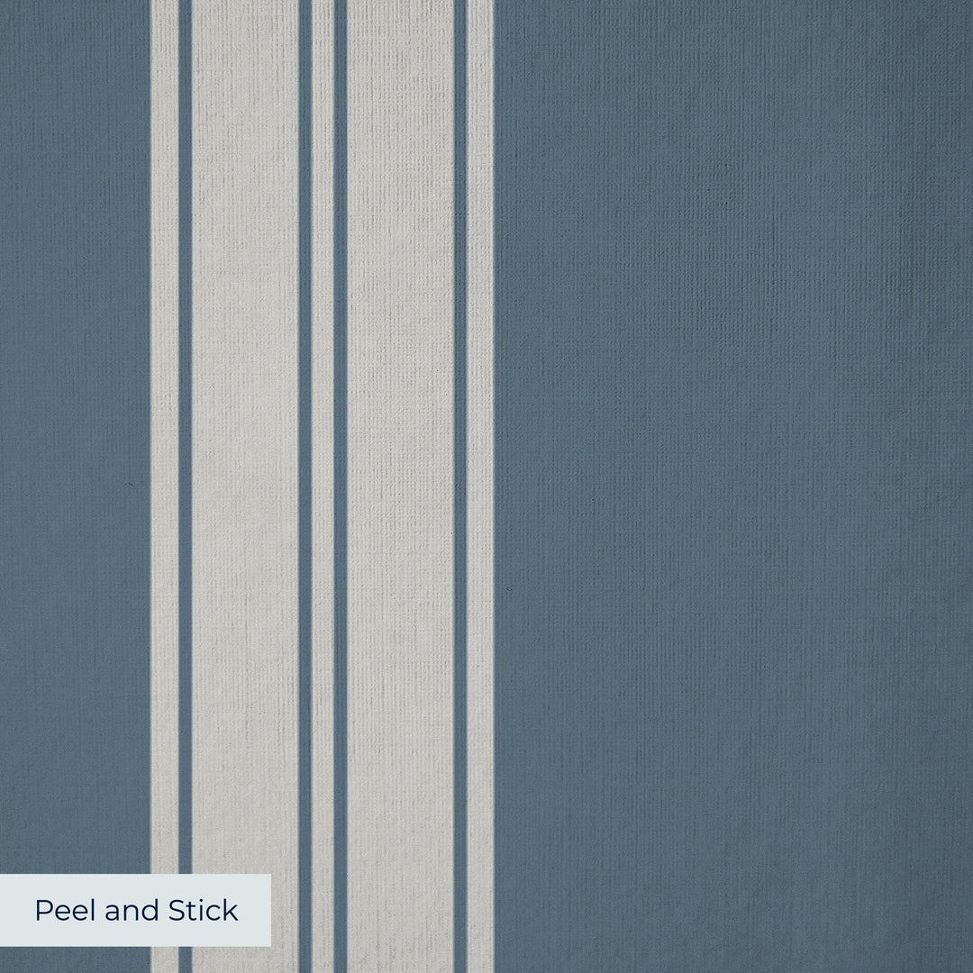 Grey 19th century double-band stripe on a blue-grey ground: peel-and-stick wallpaper closeup, linen-like texture
